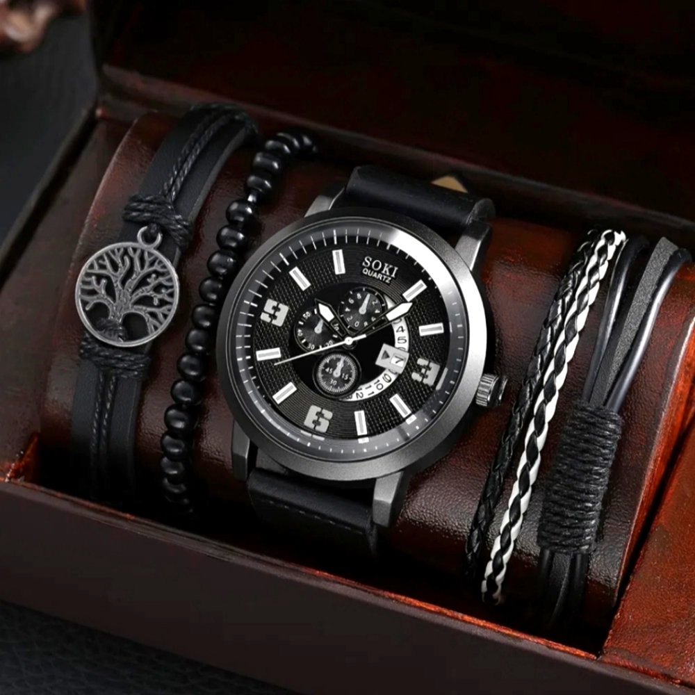 NWT 4pc Leather Strap Men's Fashion Wrist Watches and Bracelets